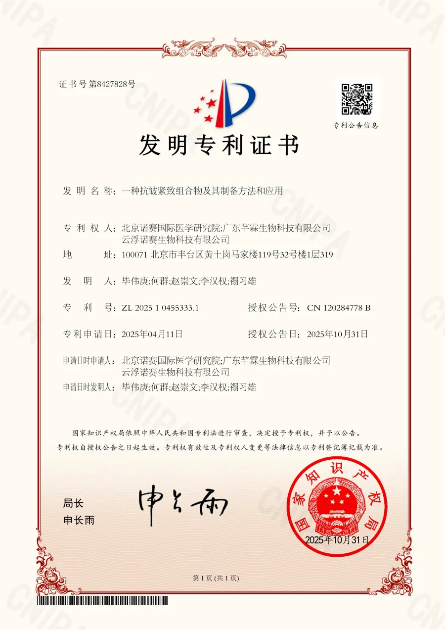 Patent certificate for an anti-wrinkle firming composition