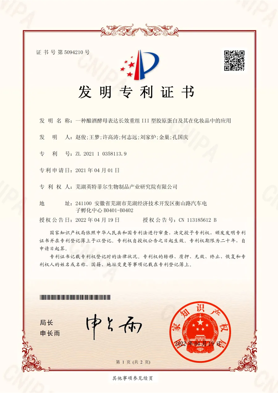 Patent certificate for long-acting recombinant type III collagen expressed by Saccharomyces cerevisiae