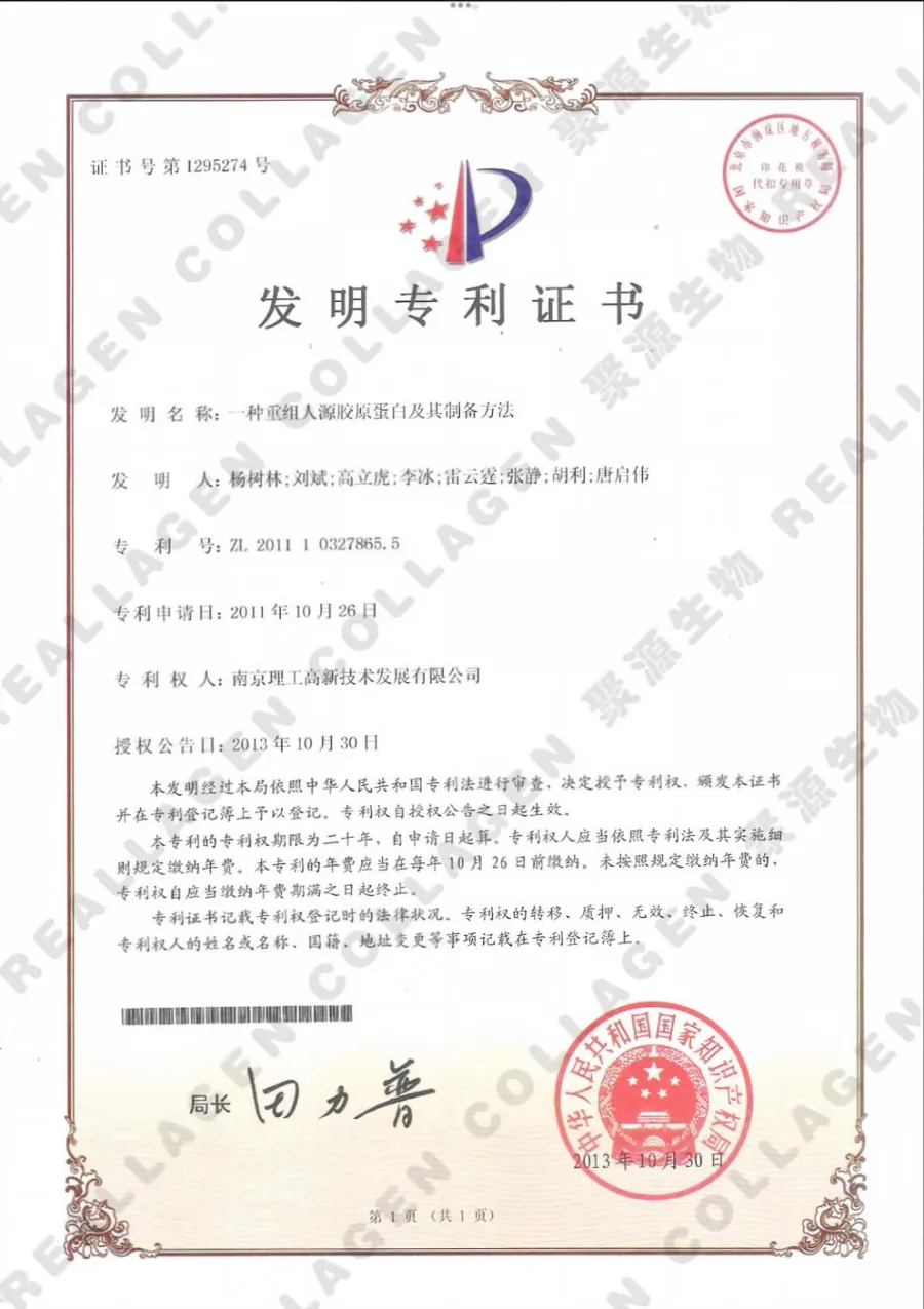 Patent certificate for recombinant human collagen